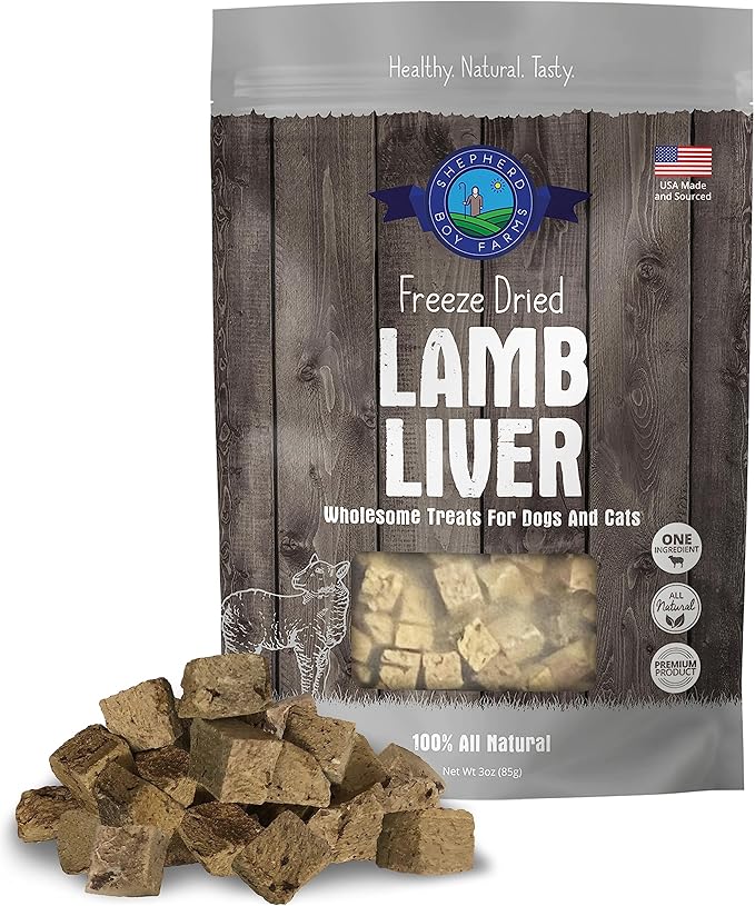 Shepherd Boy Farms Freeze Dried Dog and Cat Treats, Lamb Liver, All Natural Single Ingredient Freeze-Dried Dog Treat & Snacks, Made in USA, High Protein, Essential Nutrition of Raw Food, 3oz