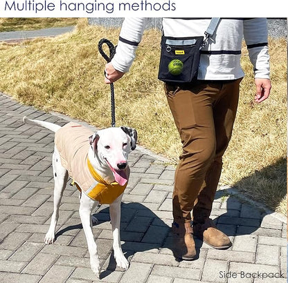 Dog Treat Pouch with Magnetic Closure 4-Cup Silicone Bag Fanny Pack Holder with Clicker 4 Ways to Wear Front Pocket Fits All Phones Ideal for Leash, Pet Walking and Training（Black）