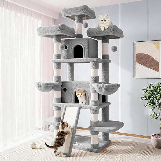 Allewie 82 Inches Large Cat Tree/House/XXL Tall Cat Towers for Big Feline/Scratching Post/Multi-Level Large Kitty Climbing Tree with Condo/Light Grey