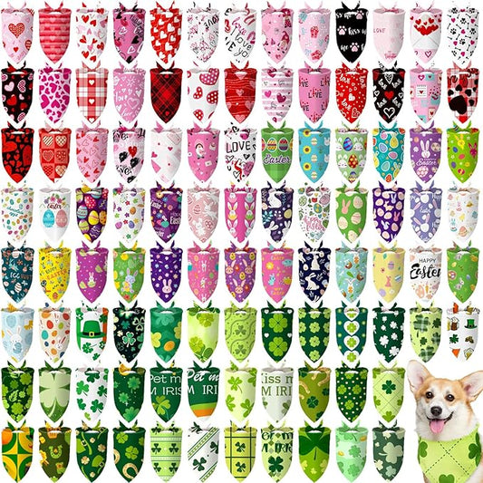 Huhumy 100 Pcs Seasonal Dog Bandanas Valentines Day St. Patrick's Day Easter Pet Bandanas Bulk Holiday Triangle Pet Bibs Scarf for Medium Large Dog Spring Festival Costume Decor