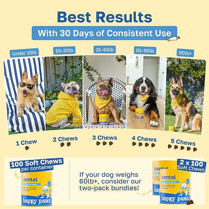 Happy Paws Dental Supplement, Dog Breath Freshener & Teeth Cleaning Treats, Oral Care Support for All Breeds, Sizes & Ages, Natural Spearmint Flavor, Organic, Non GMO, 100 Soft Chews