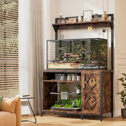 kepptory 40-50 Gallon Diamond Fish Tank Stand with Power Outlet, Heavy Duty Aquarium Cabinet with Display Shelf and 4 Hooks, Suitable for Turtle Tank, Reptile Terrarium for Home Office (Retro Brown)