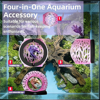 Floating Betta Hideout Cave & Shrimp Cave | Aquarium Floating Betta Skin |Shrimp Feeder | Multi-Function Resting Hideout Hammock & Small Fish Feeding Ring | Aquarium Decor Accessory (Pink)