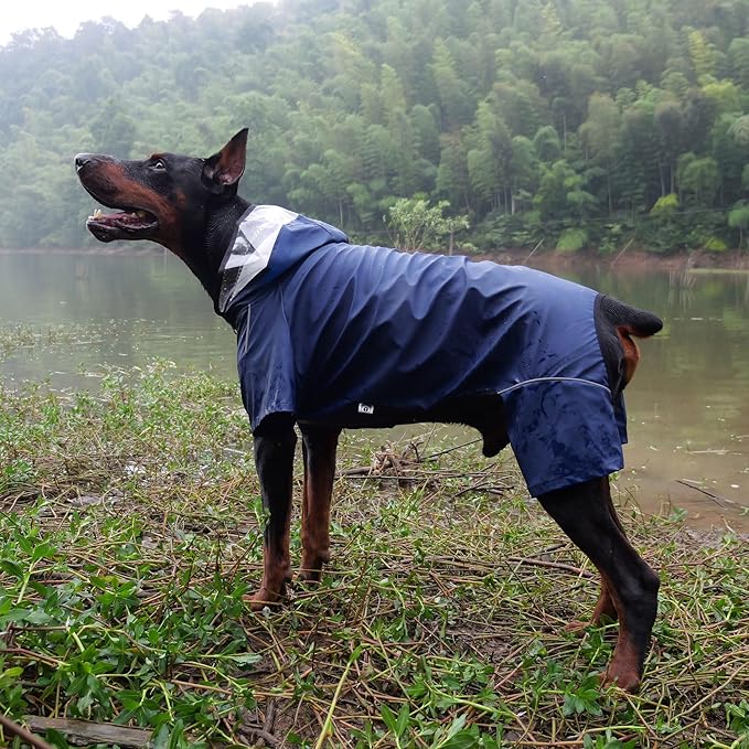 Four-Legged Full Coverage Waterproof Dog Raincoat with Reflective Features Pet Raincoats for Large Medium Small Dogs Navy Blue XL