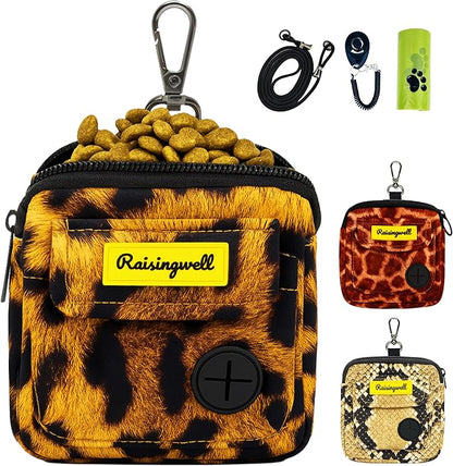 Dog Treat Pouch for Pet Walking and Training with Clicker Poop Bags and Double Bag Design Small Fanny Zipper Pack Holder for Puppy Snack Dispenser Kit for Leash and Outdoor Use Leopard Print
