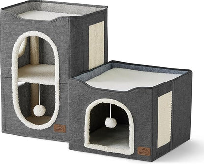 Bedsure 2 Story Cat House - Cat Condos for Indoor Cats with Scratch Pad and Fluffy Ball Hanging, Small Pet Cave Furniture Hideaway for Multi Pets, 18x14x23 inches, Dark Grey