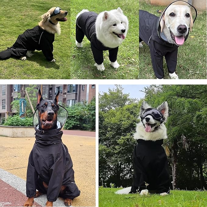 Dog Raincoat for Medium Large Dogs,rain Jacket Coat, Full Leg Coverage Waterproof Rain Suit with Detachable Hood & Tail, Reflective Strips, Snag-Free Top Zipper (Black for Boy, Large)