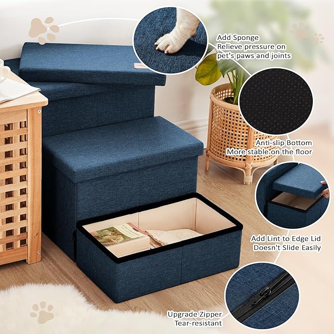 Love's cabin Dog Stairs with Storage,3 Steps Wider Dog Steps for High Bed 18" H,Foldable Pet Stairs for Small Medium Large Dogs Cats for Bed Couch Car, Ramp with Zip up to 200 lbs,Navy Blue, No Condo