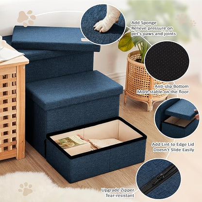 Love's cabin Dog Stairs with Storage,3 Steps Wider Dog Steps for High Bed 18" H,Foldable Pet Stairs for Small Medium Large Dogs Cats for Bed Couch Car, Ramp with Zip up to 200 lbs,Navy Blue, No Condo