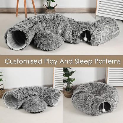 Cat Tunnel Bed for Indoor Cats, Peekaboo Cat Cave with Washable Soft Play Mat, Furry Cat Tube, for Kitten/Puppy/Rabbit, Black