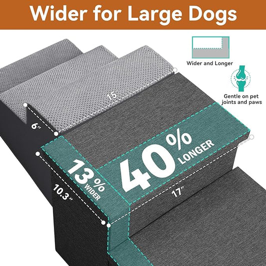 Dog Stairs with Storage 18" H, 3-Step Wider Dog Steps for Small/Medium/Large Old Dogs Cats, Folding Sturdy Pet Stairs Climbing Bed Couch, Ramp for Car Hold Up to 200 lbs (Dark Grey, No Condo)