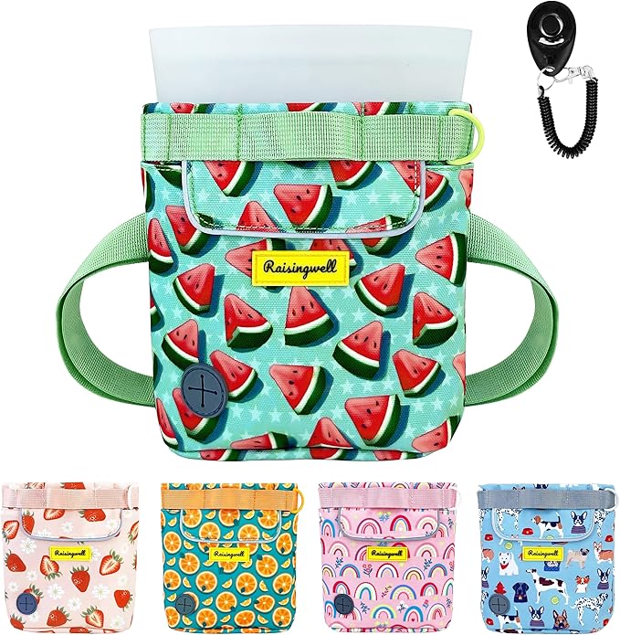 Dog Treat Pouch for Pet Walking and Training with Clicker 2 Cup Silicone Bag Small Fanny Pack Holder for Puppy Snack Dispenser Kit for Leash and Outdoor Use (Watermelon)