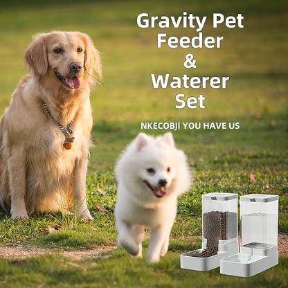 NKECOBJI Gravity Pet Feeder and Water Dispenser Set, Automatic Dog Feeder and Dog Water Dispenser for Dogs Cats Pets Animals Large Capacity(3.8L)