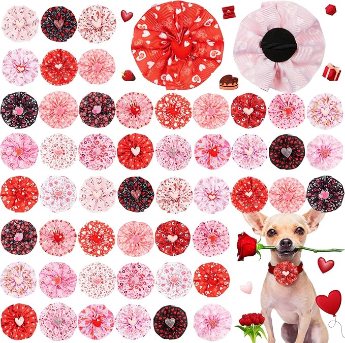 50 Pcs Valentine's Day Collar Bows Bulk for Dogs Red Pink Heart Love Ties Flowers Bowtie Charms Attachment for Small Medium Large Pet Cats Accessories Holiday Party Costumes Outfit