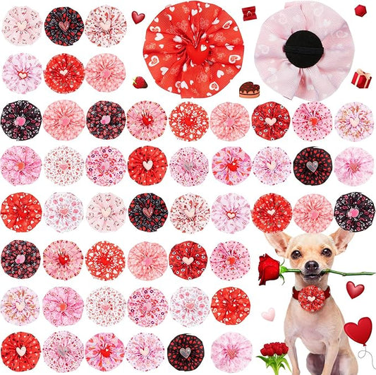 50 Pcs Valentine's Day Collar Bows Bulk for Dogs Red Pink Heart Love Ties Flowers Bowtie Charms Attachment for Small Medium Large Pet Cats Accessories Holiday Party Costumes Outfit