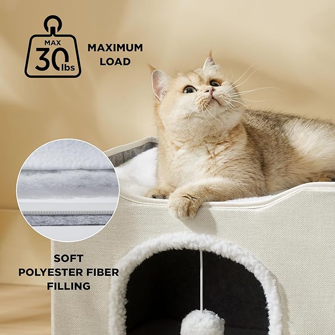 Bedsure Cat Beds for Indoor Cats - Large Cat Cave for Pet Cat House with Fluffy Ball Hanging and Scratch Pad, Foldable Cat Hideaway, 16.5x16.5x13 inches, Ivory
