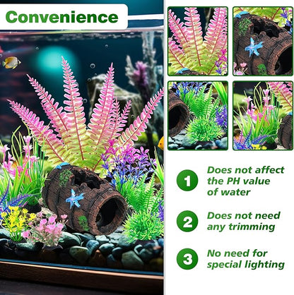 Ameliade Aquarium Plastic Plants Decorations and Fish Tank Broken Barrel Hideout Cave Decor Set Goldfish Betta Small Fish Bowl Ornaments Accessories 12 PCS