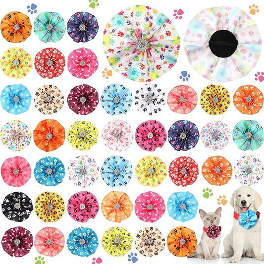 50 Pcs Paw Print Collar Bows Bulk for Dogs Bow Ties Flowers Charms Attachment for Small Medium Large Dogs Cats Collar Accessories Holiday Party Costumes