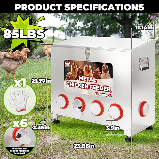 Sidasu 85 lbs 6-Port Galvanized Chicken Feeder No Waste with Locking Lid&Riveted Handles,Adjustable Height,Large Capacity Rainproof Automatic Chicken Feeders for Chickens, Poultry Coop,Silver