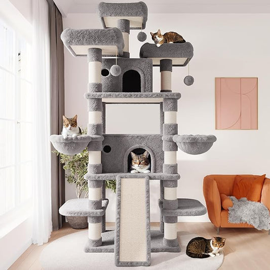 SHA CERLIN 81 Inches Extra Large Cat Tree for Indoor Adult Cats/XXL Big Cat Tower with Condo/Cozy Perches/Sisal Scratching Posts and Hammocks/Activity Center/F80/Heavy Duty/Grey