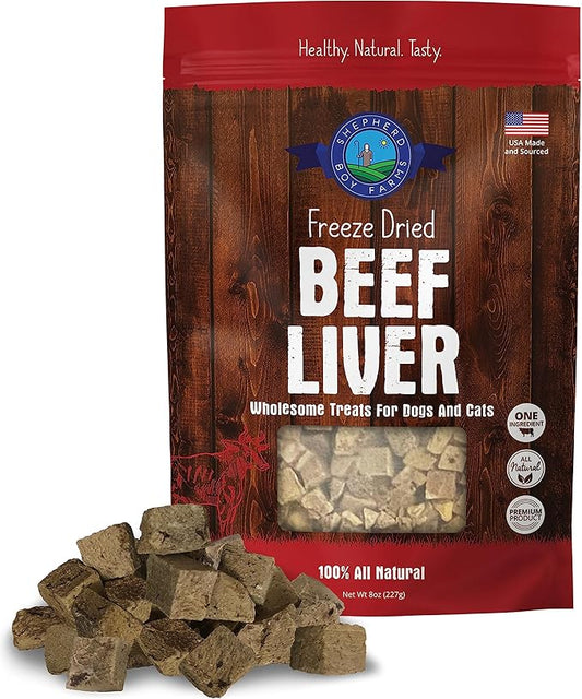Shepherd Boy Farms Freeze Dried Dog and Cat Treats, Beef Liver, All Natural Single Ingredient Freeze-Dried Dog Treat & Snacks, Made in USA, High Protein, Essential Nutrition of Raw Food, 8oz