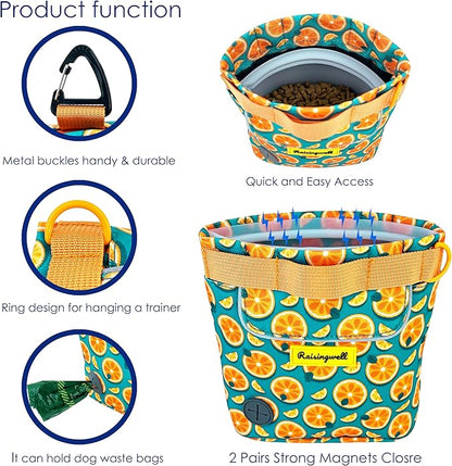 Dog Treat Pouch for Pet Walking and Training with Clicker 2 Cup Silicone Bag Small Fanny Pack Holder for Puppy Snack Dispenser Kit for Leash and Outdoor Use (Fruit Orange)