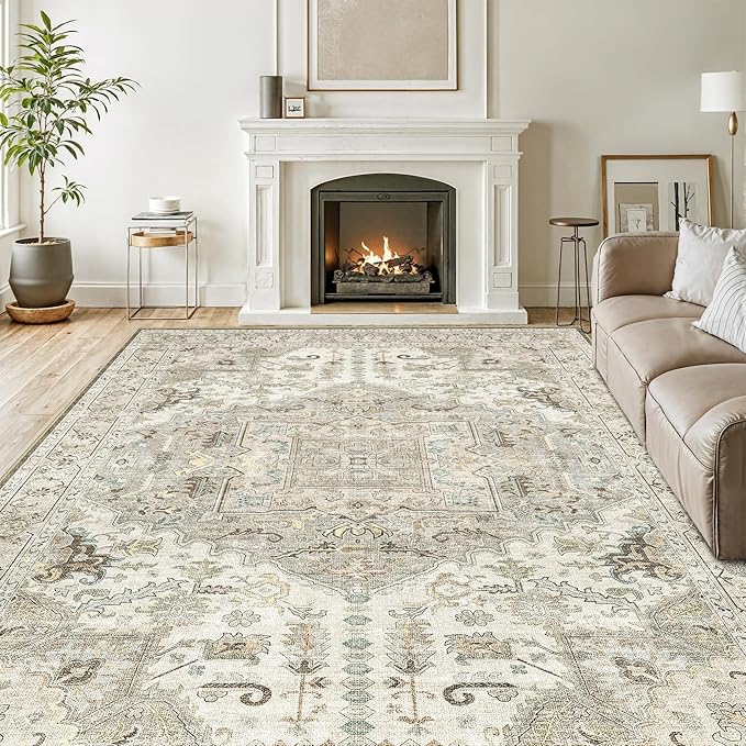 9x12 Area Rugs for Living Room, Machine Washable Non Slip Vintage Rug, Non-Slip Stain Resistant, Large Soft Home Decor Rug for Bedroom Dining Room (Brown/Ivory,9'x12')