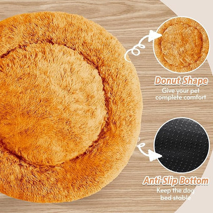 JOLLYVOGUE Small Dog & Cat Beds for Indoor Cats, Donut Cuddler Warming Soft Dog Beds with Anti-Slip Bottom, Round Calming Fluffy Plush Faux Fur Cushion Bed for Medium Dogs (27", Orange)