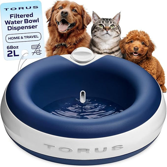 TORUS Filtered Portable Dog Water Dispenser [Upgraded 2025], 2L / 68oz, Automatic Pet Water Dispenser Noise-Free No Spill Water Bowl for Dogs, No Power Needed, Ideal for Medium & Large Pets