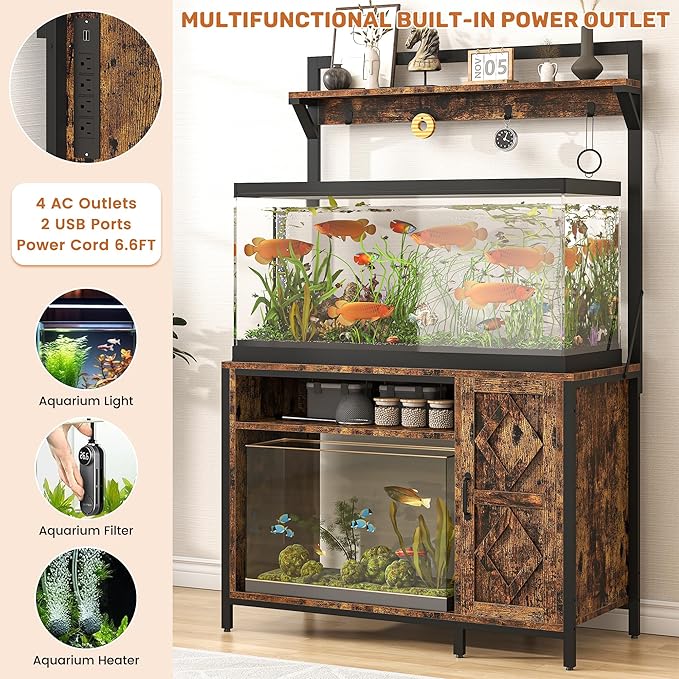 kepptory 40-50 Gallon Diamond Fish Tank Stand with Power Outlet, Heavy Duty Aquarium Cabinet with Display Shelf and 4 Hooks, Suitable for Turtle Tank, Reptile Terrarium for Home Office (Retro Brown)