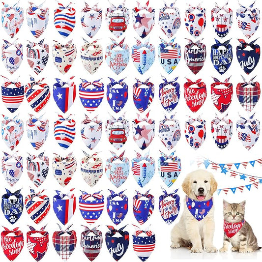 60 Pcs 4th of July Day Dog Bandanas Patriotic Dog Bibs American Flag Pet Costume Adjustable Dog Cat Holiday Outfit Washable Triangle Scarf Kerchief for Small to Medium Pet