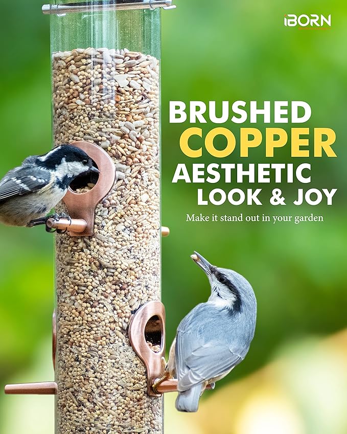 iBorn Metal Bird Feeders Brushed Copper Wild Bird Feeder for Outdoors Hanging All Metal Brushed Copper Finishing 15 Inch 6 Port,Pack of 2