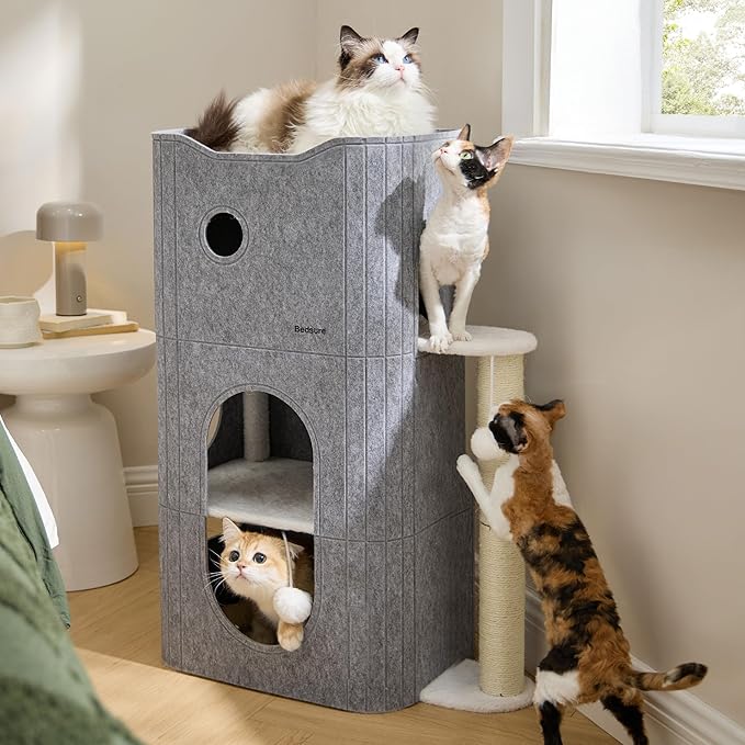 Bedsure 3-Level Indoor Cat Bed- Cat Condos Small Cat Tree for Multiple Kitties to Play Sleep,Hideaway Cave, Fluffy Ball, Scratching Post, 22.5x31.5x13, Grey