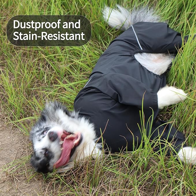 Dog Raincoat for Medium Large Dogs,rain Jacket Coat, Full Leg Coverage Waterproof Rain Suit with Detachable Hood & Tail, Reflective Strips, Snag-Free Top Zipper (Black for Boy, Large)