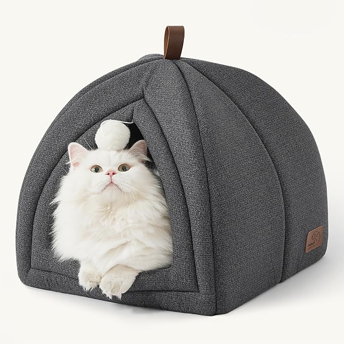 Bedsure Cat Beds for Indoor - 2 in 1 Cat Cave House Tent for Kittens and Small Pets with Removable Washable Cushioned Pillow, Foldable Kitten Hideaway with Non-Slip Bottom, Dark Grey, 16 inches