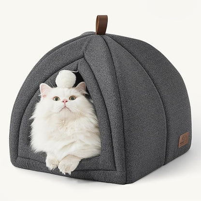 Bedsure Cat Beds for Indoor - 2 in 1 Cat Cave House Tent for Kittens and Small Pets with Removable Washable Cushioned Pillow, Foldable Kitten Hideaway with Non-Slip Bottom, Dark Grey, 16 inches