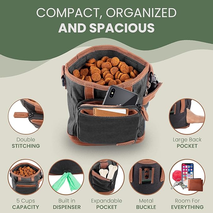 BEAU&FUR Large Dog Treat Pouch with Clicker for Training – 4 Cup Capacity, Built-In Poop Bag Dispenser, Expandable Pocket, Metal Buckle, Large Back Pocket, Ideal Design for Walks and Training – Black
