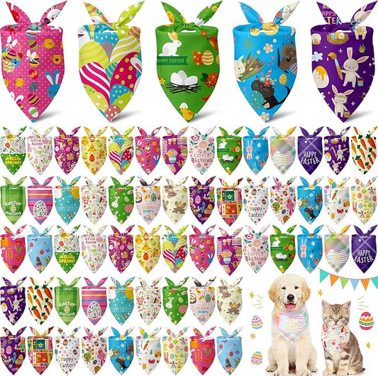 Sanwuta 60 Pcs Easter Dog Bandanas Bulk Bunny Dog Bandanas Adjustable Puppy Bibs Triangle Scarf Holiday Pet Costume for Small Medium Pet (Bunny Pattern, Large)