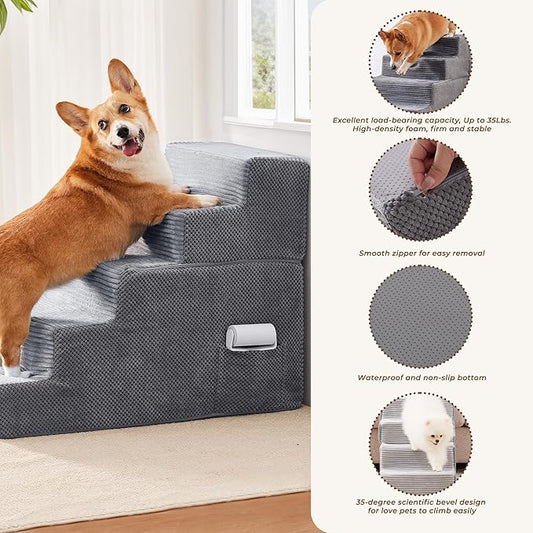 HYLEORY Dog Stairs for Bed 22.5''H, 5-Step Pet Stairs for Small Dogs & Cats, Sturdy Pet Steps with Non-Slip Bottom, Functional Portable Dog Ramp for Couch/Chair/Sofa/Car, with Storage Pocket, Grey