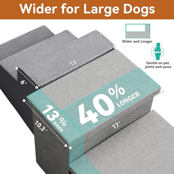 Wider Dog Stairs with Storage 18" H, 3-Step Sturdy Dog Steps for Large/Medium/Small Older Senior Dogs Cats, Folding Pet Stairs Climbing Bed or Couch, Arthritis-Friendly (Gray, No Condo)