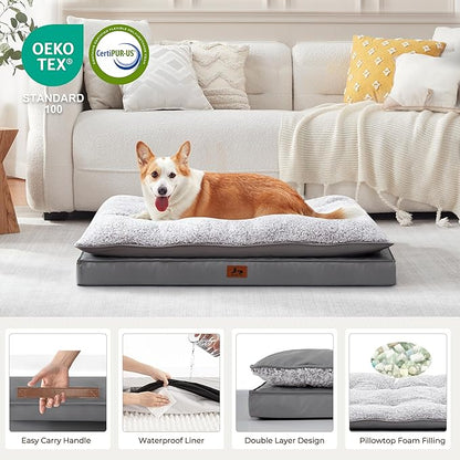 Washable Dog Bed for Medium Large Size Dog, Plush Pillow Pet Bed with Cooling Leather Egg-Crate Foam Base, Waterproof Kennel Bed with Removable Cover, 36" x 27" Comfort Cushion Bed, Dark Grey