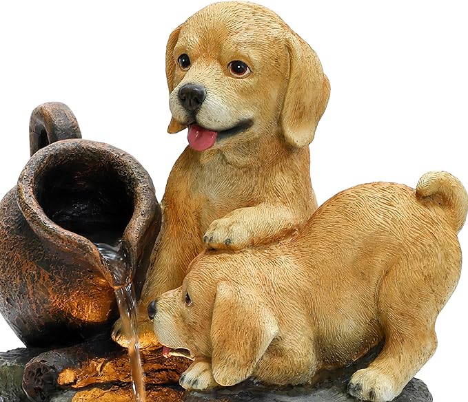 LuxenHome Outdoor Water Fountain, 25 Inch Puppy and Pitchers Pot Resin Water Fountains Indoor with LED Lights, Farmhouse Waterfall Outdoor, Indoor Fountains and Waterfalls for Patio, Garden Decor