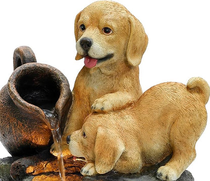 LuxenHome Outdoor Water Fountain, 25 Inch Puppy and Pitchers Pot Resin Water Fountains Indoor with LED Lights, Farmhouse Waterfall Outdoor, Indoor Fountains and Waterfalls for Patio, Garden Decor