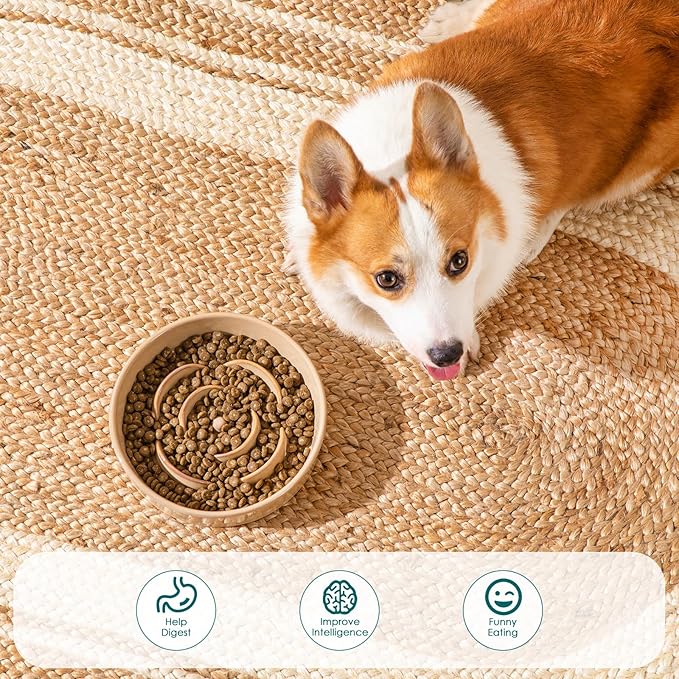 vancasso Slow Feeder Dog Bowl, 1.5 Cups Ceramic Slow Feeder for Medium Breed, Puzzle Maze Dog Food Bowl for Fast Eater, Khaki