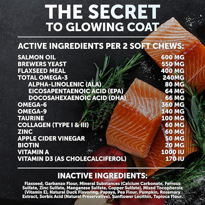 Omega 3 Fish Oil for Dogs - Dog Allergy Chews - Itch Relief & Skin and Coat Supplement with Salmon Oil - Hot Spots Treatment - Allergy & Anti Shedding Support - EPA & DHA Fatty Acids - 120 Treats