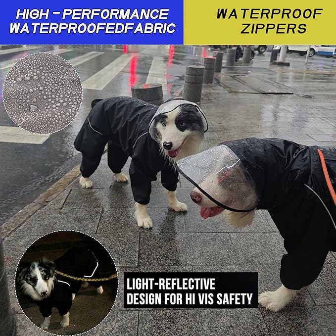 Dog Raincoat for Medium Large Dogs,rain Jacket Coat, Full Leg Coverage Waterproof Rain Suit with Detachable Hood & Tail, Reflective Strips, Snag-Free Top Zipper (Black for Boy, Large)