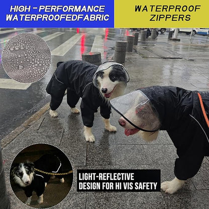 Dog Raincoat for Medium Large Dogs,rain Jacket Coat, Full Leg Coverage Waterproof Rain Suit with Detachable Hood & Tail, Reflective Strips, Snag-Free Top Zipper (Black for Boy, Large)