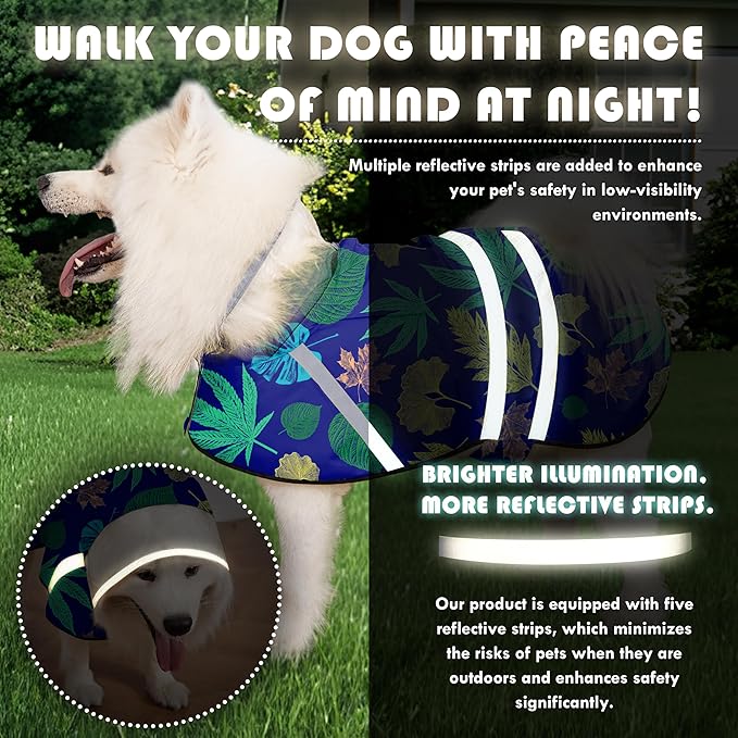Dog Raincoat, Adjustable Rain Jacket with Hooded Double Layer for Large Medium Small Dogs Puppies, Lightweight Waterproof Rain Coat Poncho with Reflective Stripe Leaf Blue,M