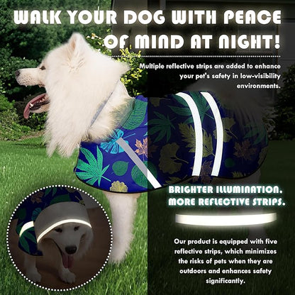 Dog Raincoat, Adjustable Rain Jacket with Hooded Double Layer for Large Medium Small Dogs Puppies, Lightweight Waterproof Rain Coat Poncho with Reflective Stripe Leaf Blue,M