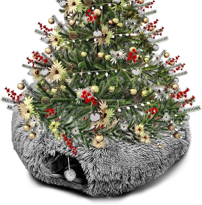 Cat Tunnel Bed for Indoor Cats, Peekaboo Cat Cave with Washable Soft Play Mat, Furry Cat Tube, for Kitten/Puppy/Rabbit, Black